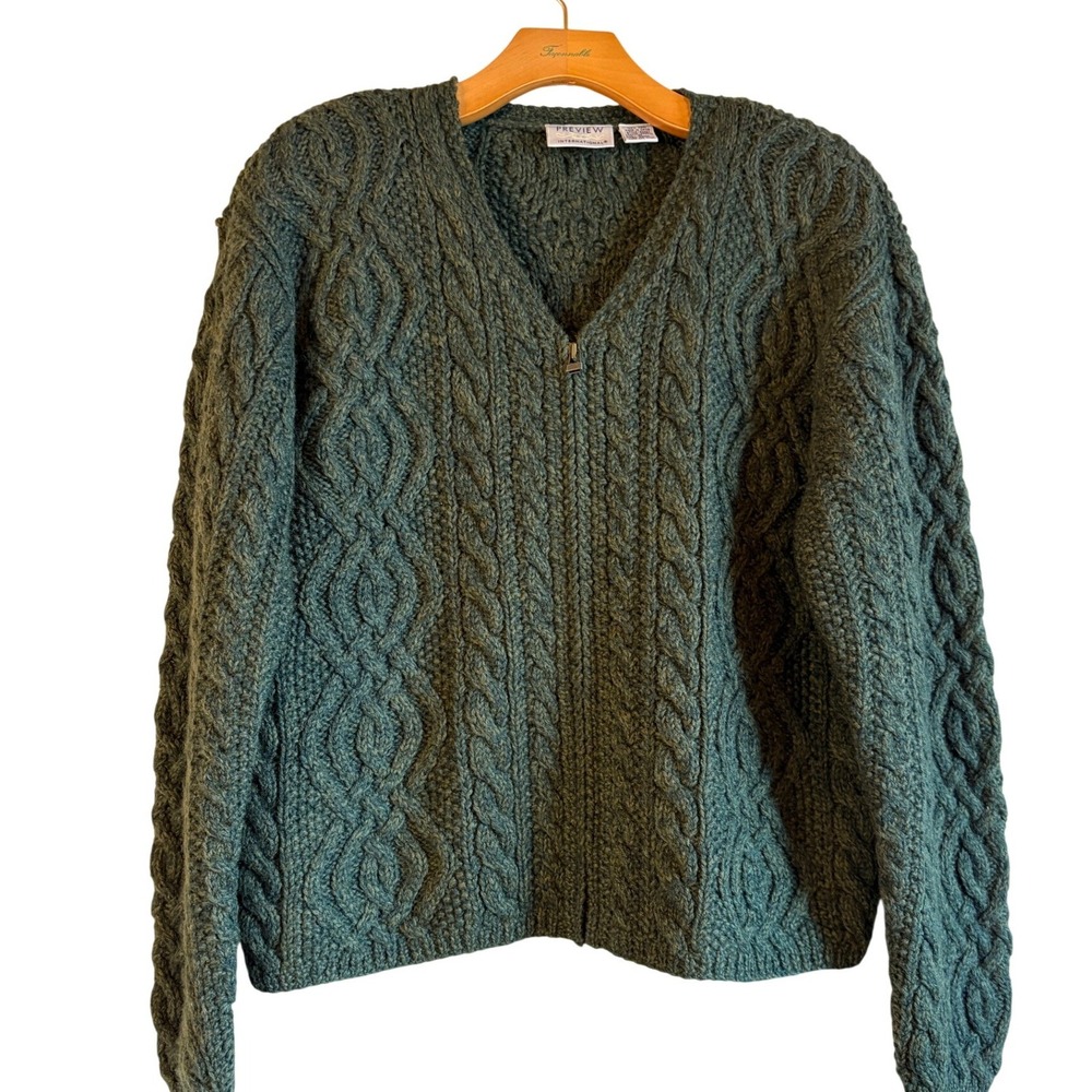 Preview International Forest Green Wool Cable Knit Full Zip Cardigan Sweater L